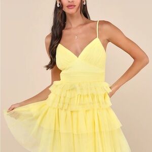 Lulu's Special Poise Yellow Tulle Pleated Sleeveless Tiered Mini Dress
